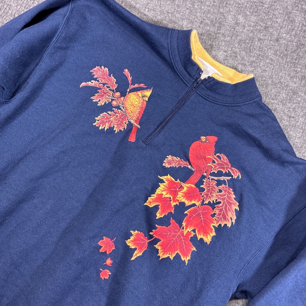 Vintage Morning Sun Sweatshirt Women Medium Blue‎ Cardinal Bird Graphic 1/4 Zip